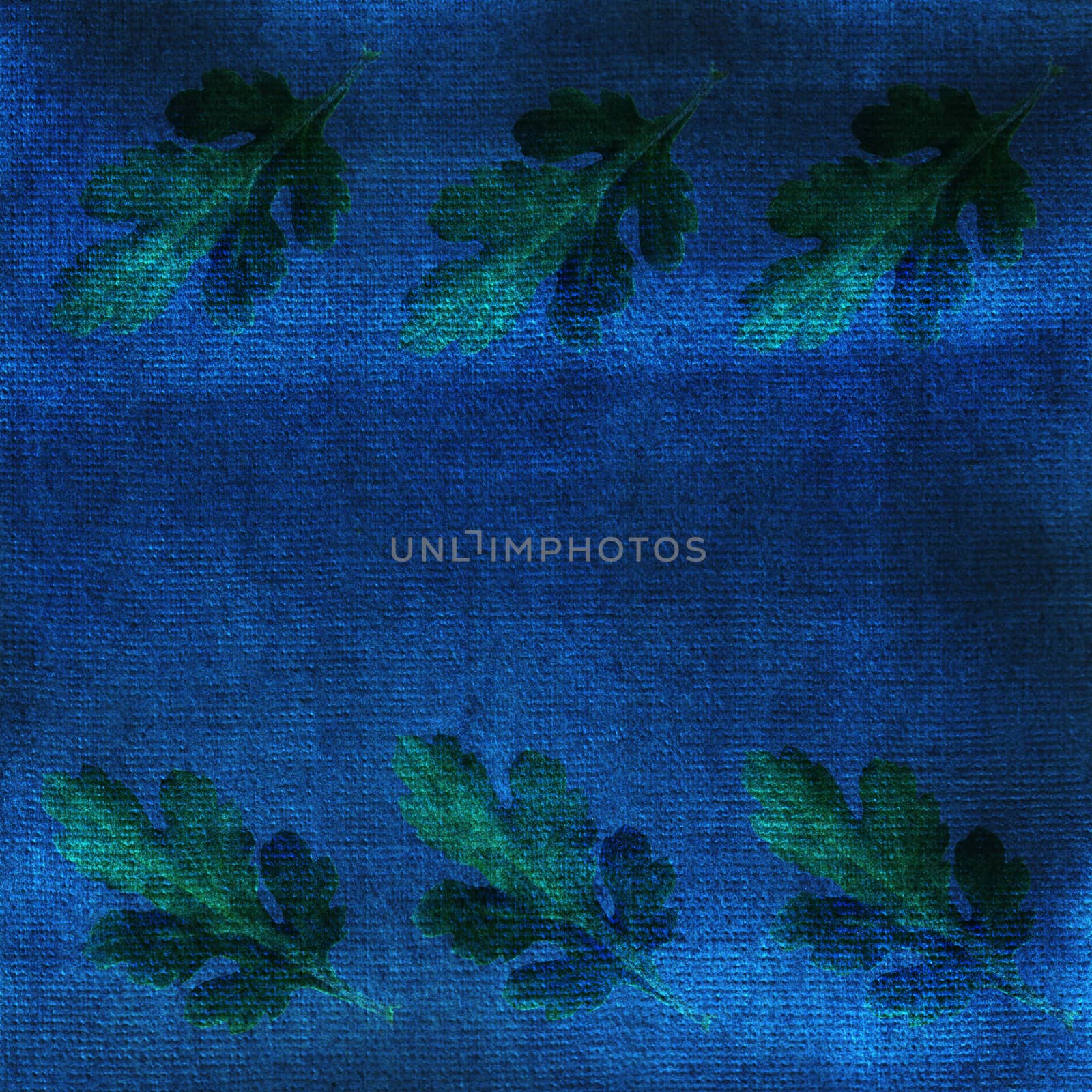 Oak leaves on blue watercolor background. Ornate, card, frame.