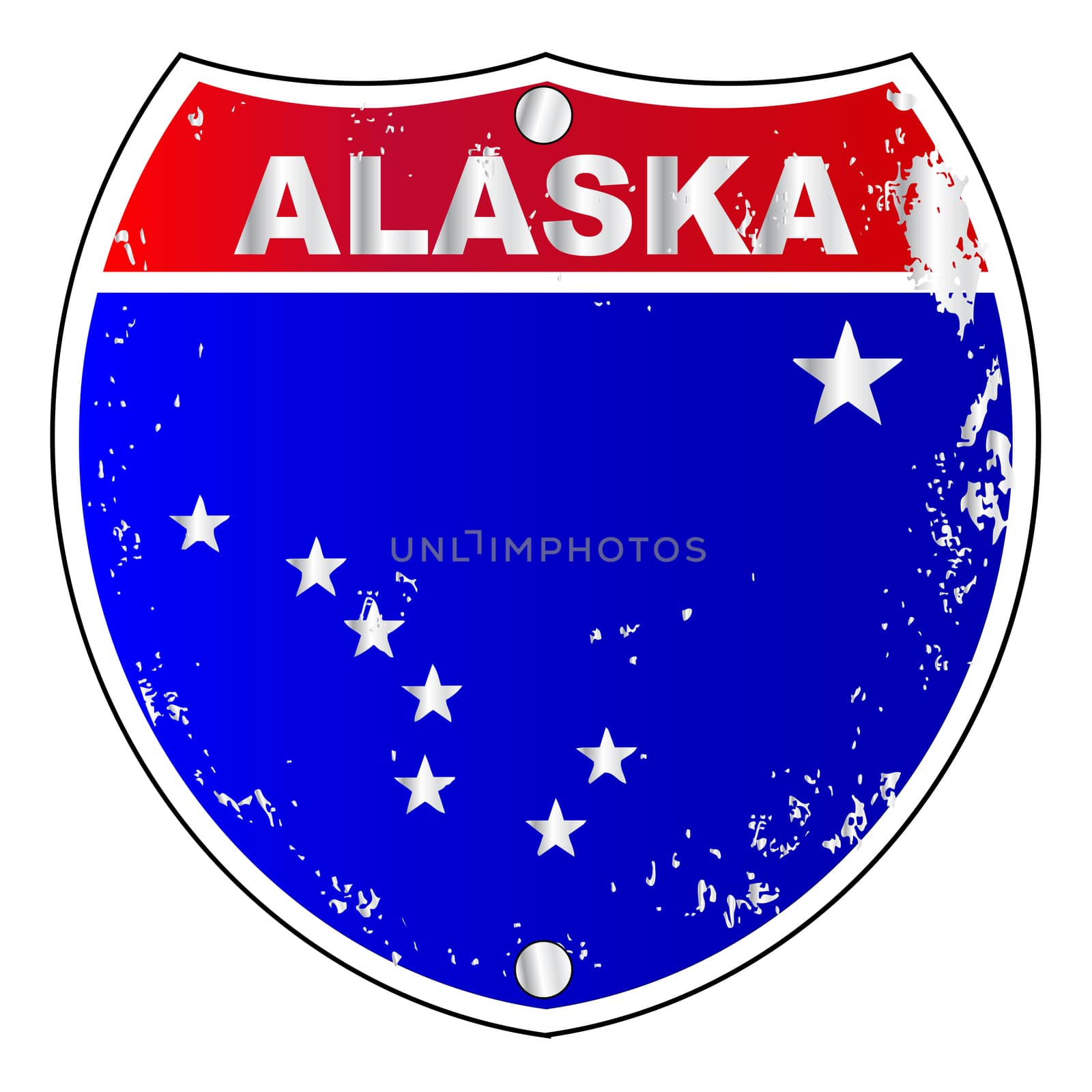 Alaska interstate sign with flag cross over a white background