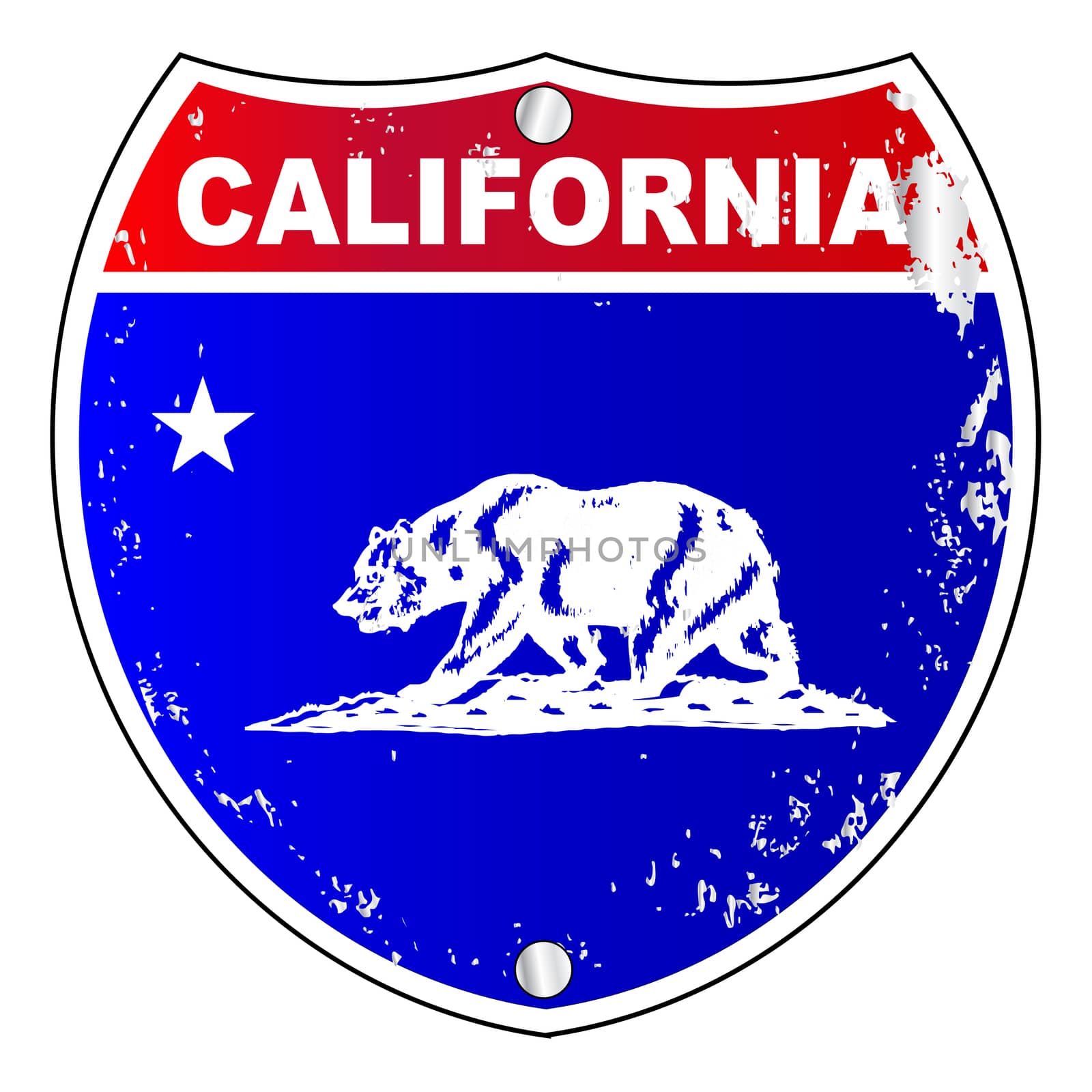 California interstate sign with flag cross over a white background