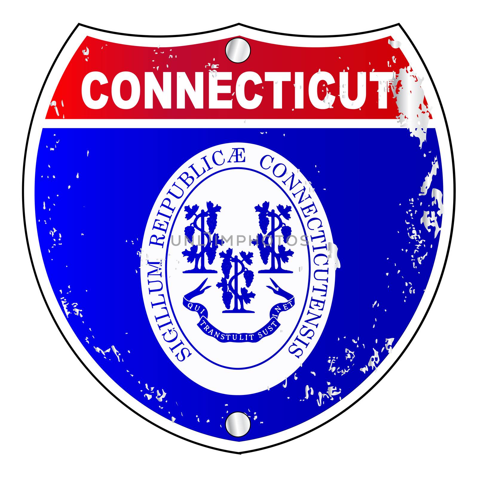 Connecticut interstate sign with flag cross over a white background