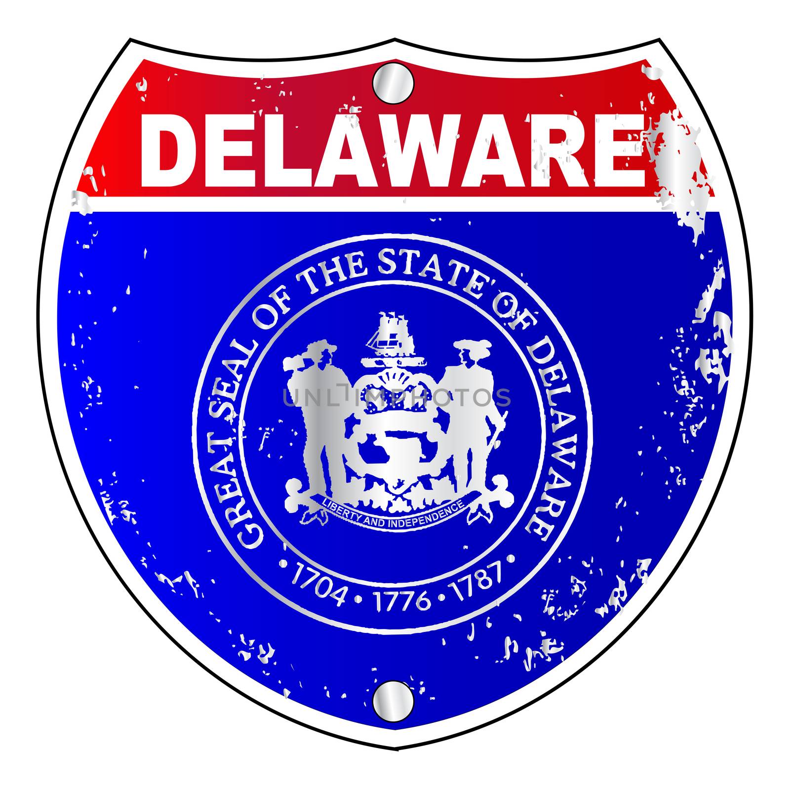Delaware interstate sign with flag cross over a white background