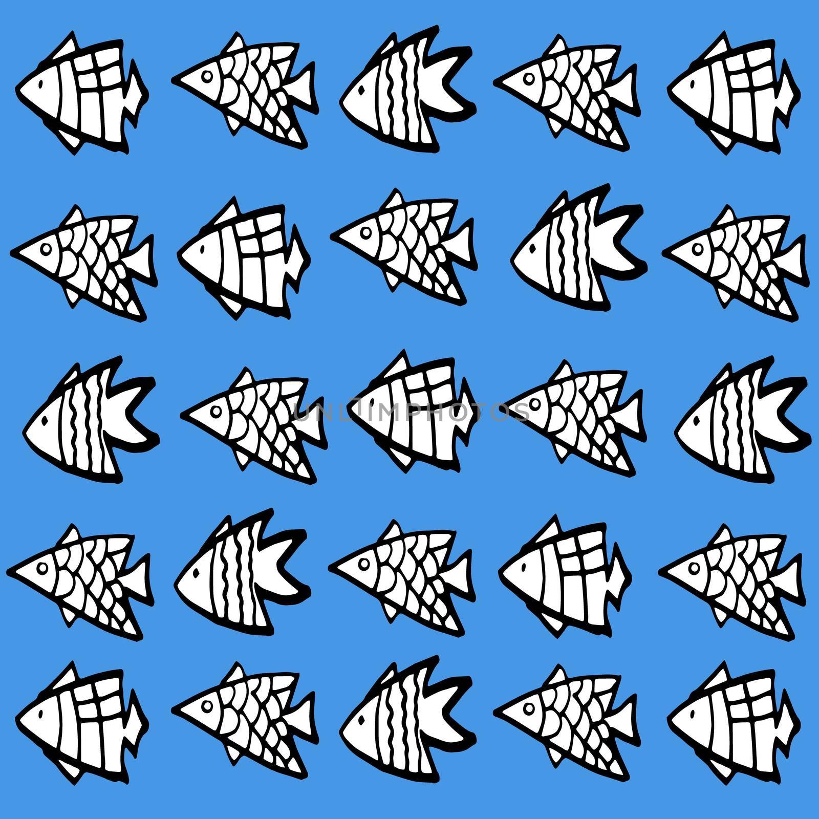 Pattern with black and white fish on the blue background. Card with fish that swim in a line one after the other.