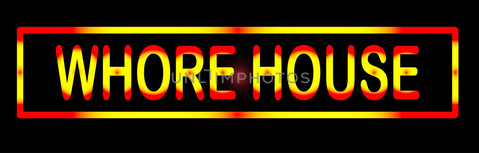 Neon whore house sign over a black background