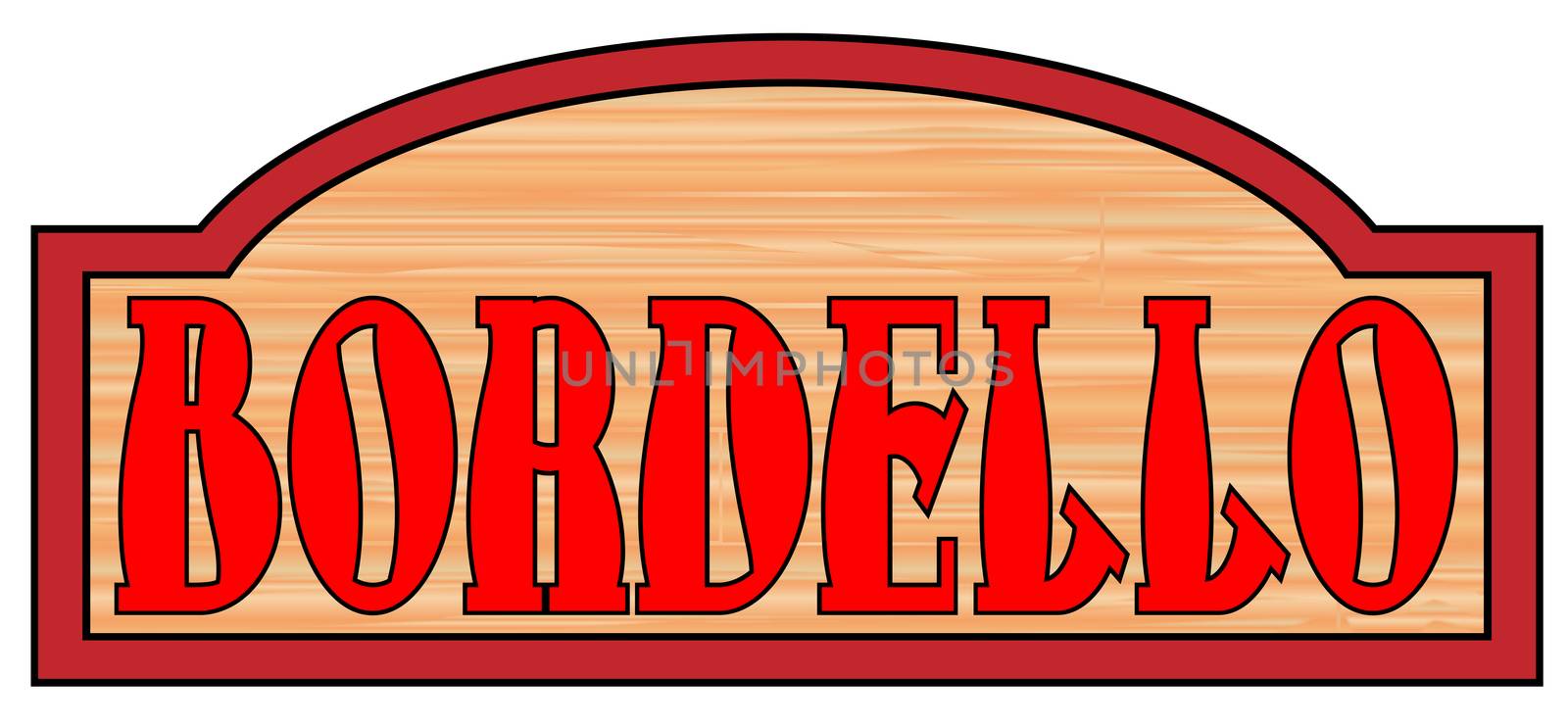Wooden bordello house sign over a black background
