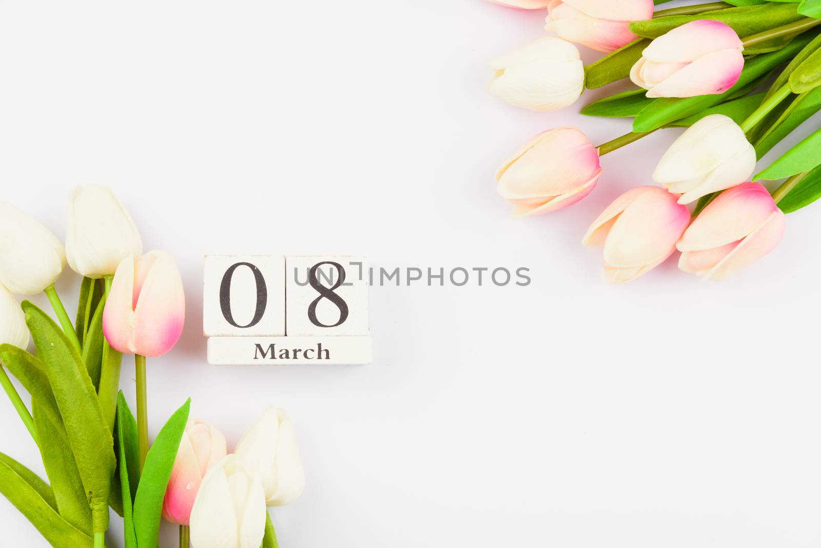 Happy Women's Day, Mother's Day and Valentine's Day concept. top view flat lay Tulip flower on white background, copy space for your text