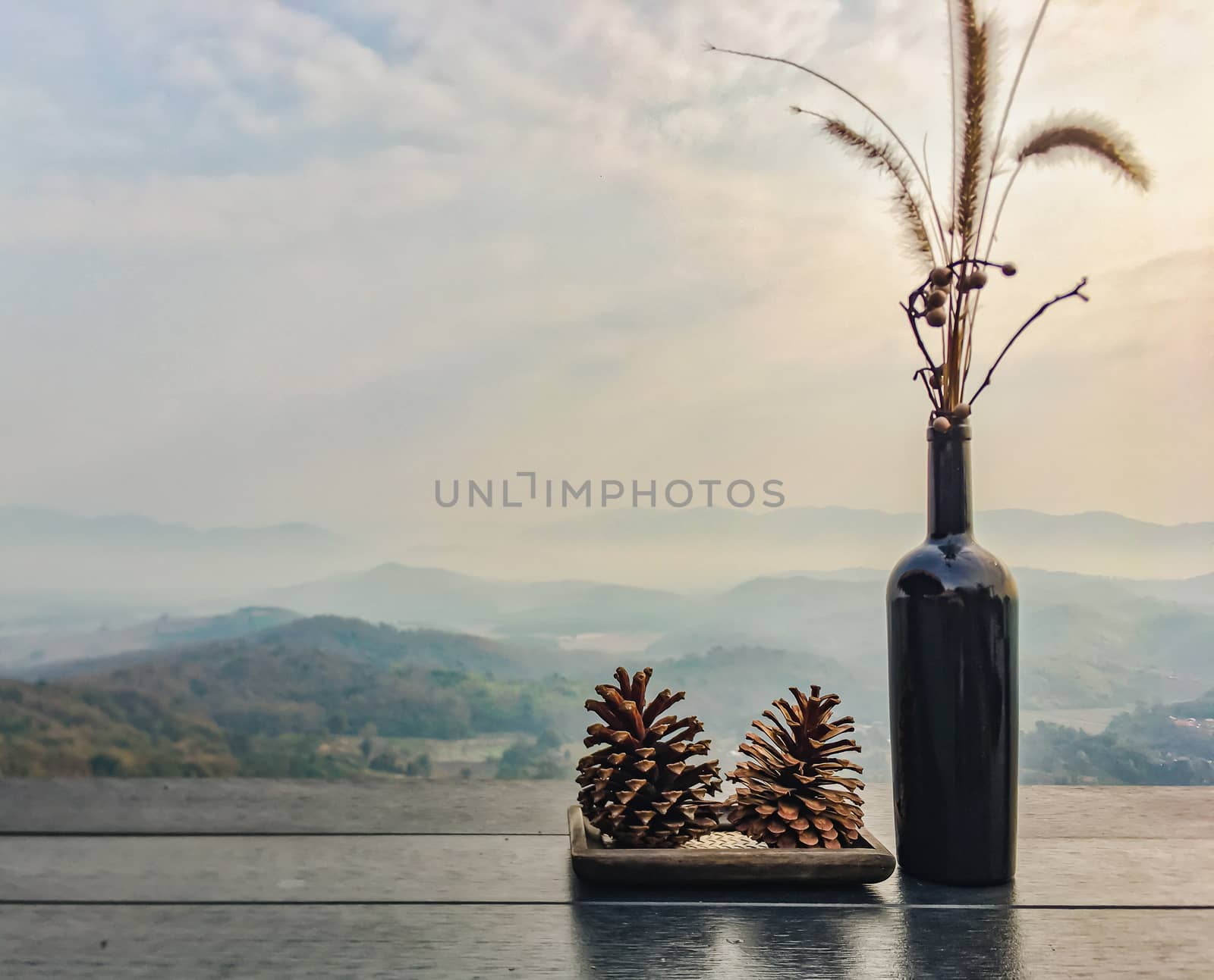 The landscape of mountains is full of clouds and fog. A top view of the haze in the mountains And fog in the morning at Doi Sako Mountain, Chiang Saen, Thailand