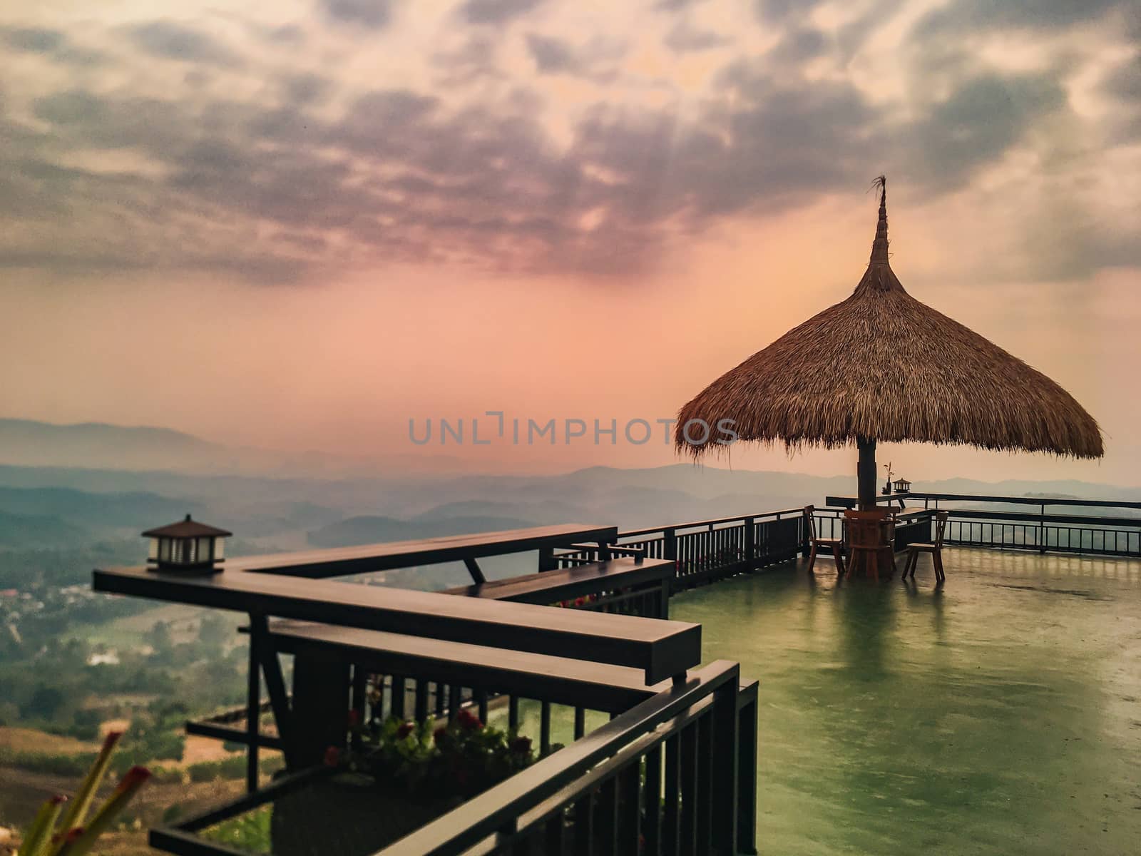 The landscape of mountains is full of clouds and fog. A top view of the haze in the mountains And fog in the morning at Doi Sako Mountain, Chiang Saen, Thailand