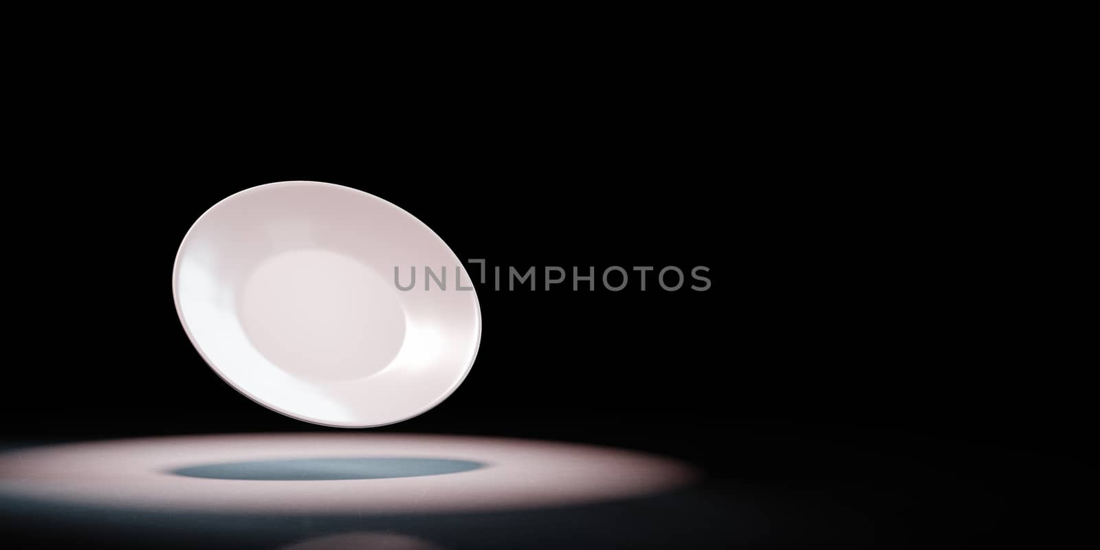 One Single White Porcelain Plate Spotlighted on Black Background with Copy Space 3D Illustration