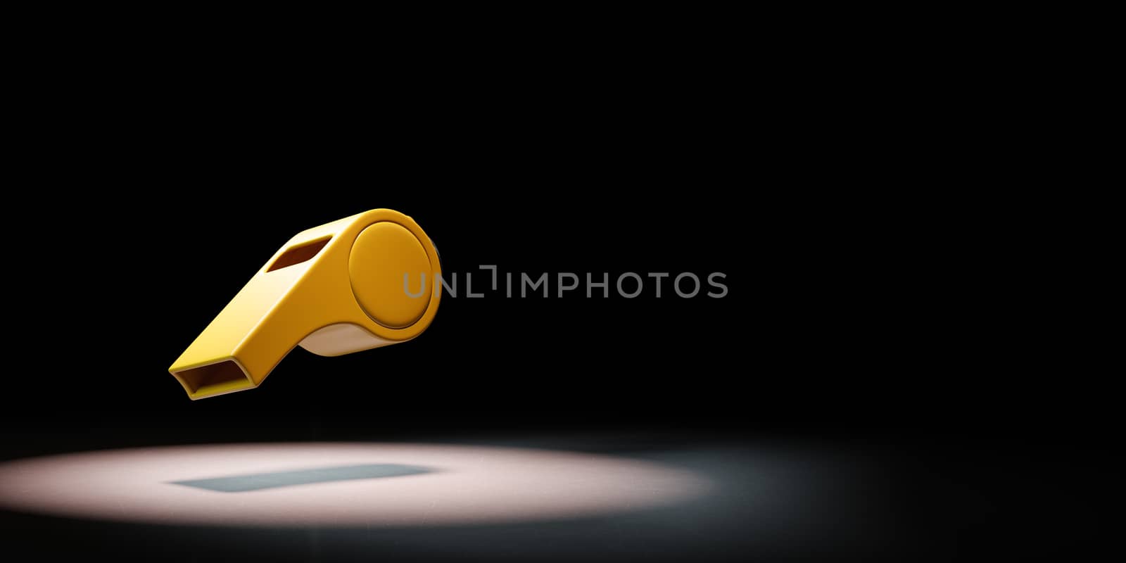 One Yellow Plastic Whistle Spotlighted on Black Background with Copy Space 3D Illustration
