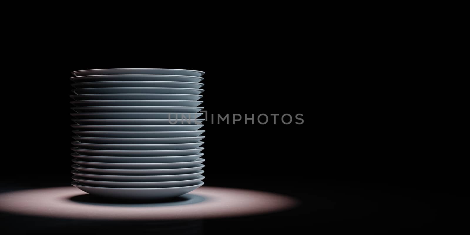 Heap of White Porcelain Dishes Spotlighted on Black Background with Copy Space 3D Illustration