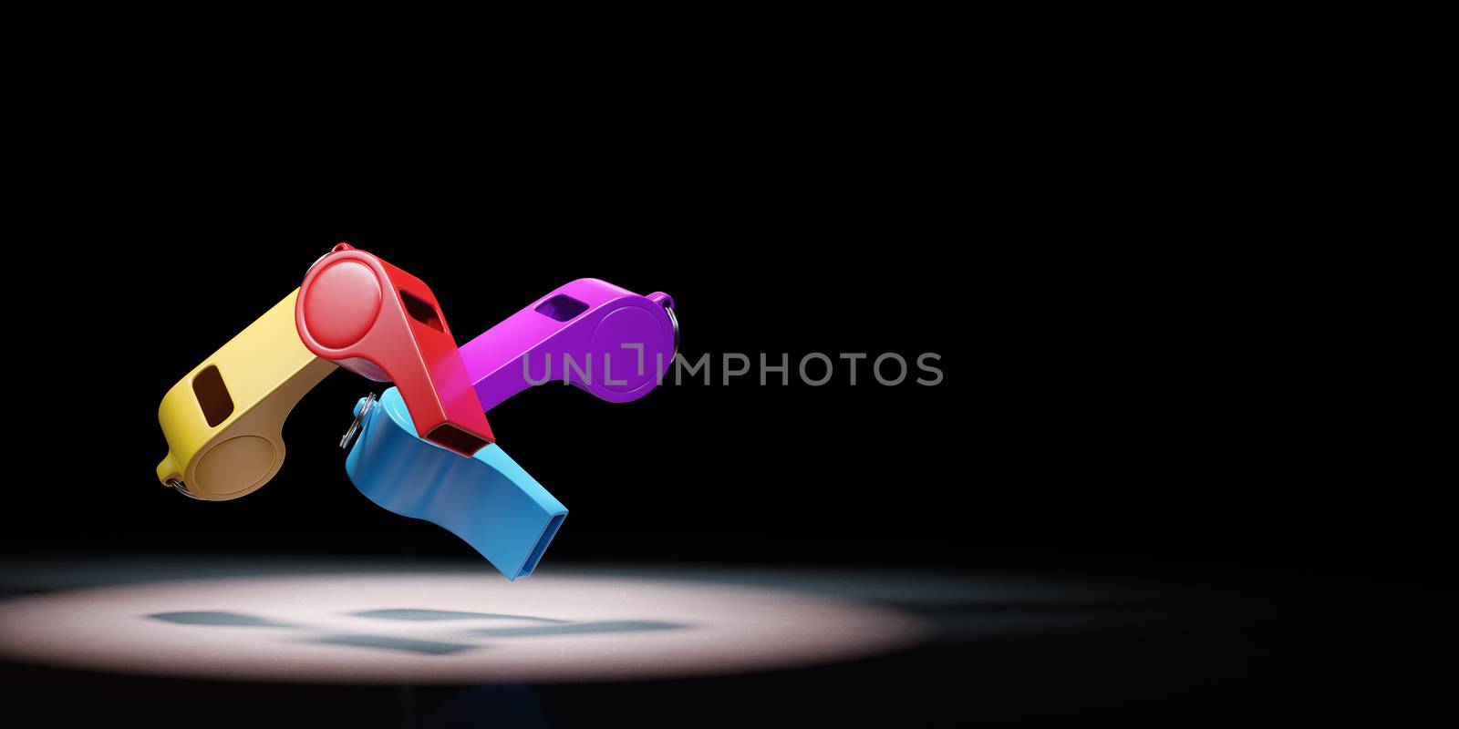 Colorful Whistles Spotlighted on Black Background with Copy Space 3D Illustration