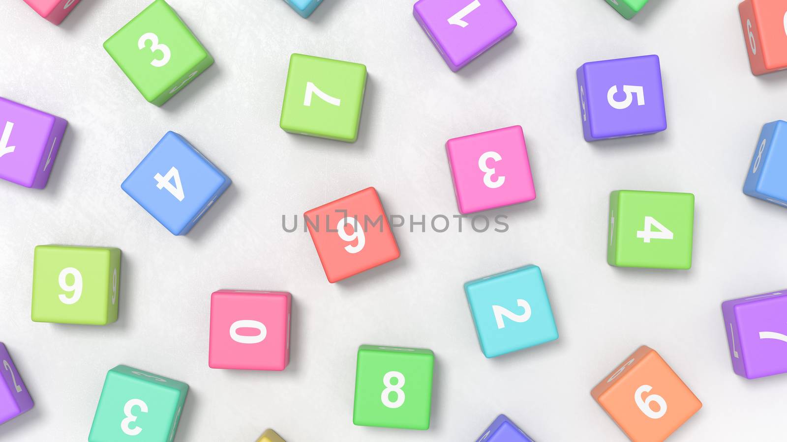 Numbers on Colofrul Cubes on a Light Gray Plastered Background 3D Illustration