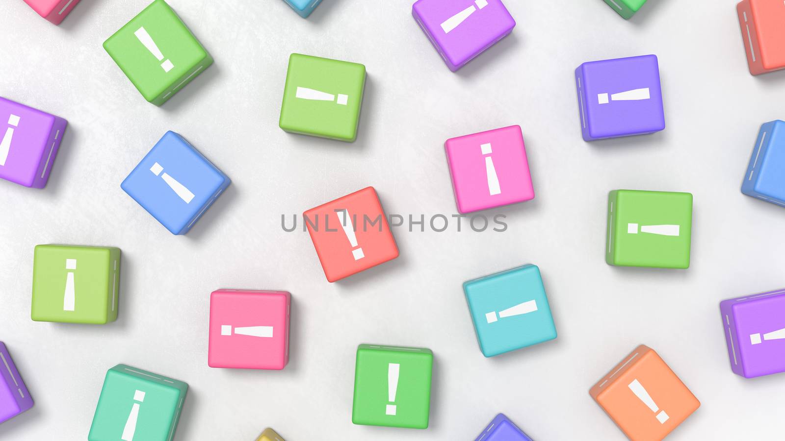 Many Exclamation Point on Colofrul Cubes on a Light Gray Plastered Background 3D Illustration