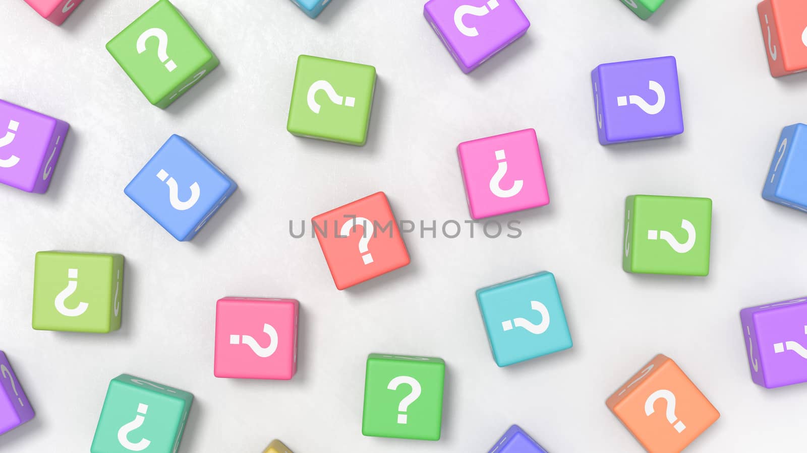 Many Question Mark on Colofrul Cubes on a Light Gray Plastered Background 3D Illustration
