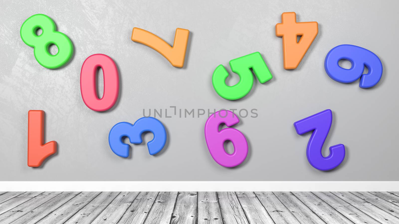 3D Colorful Numbers Against Wall in a Wooden Floor Room by make