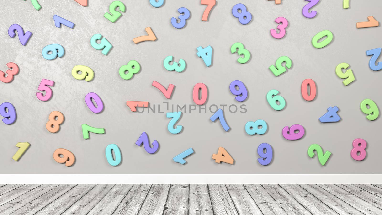 3D Colorful Numbers Against a Gray Wall in a Wooden Floor Room 3D Illustration