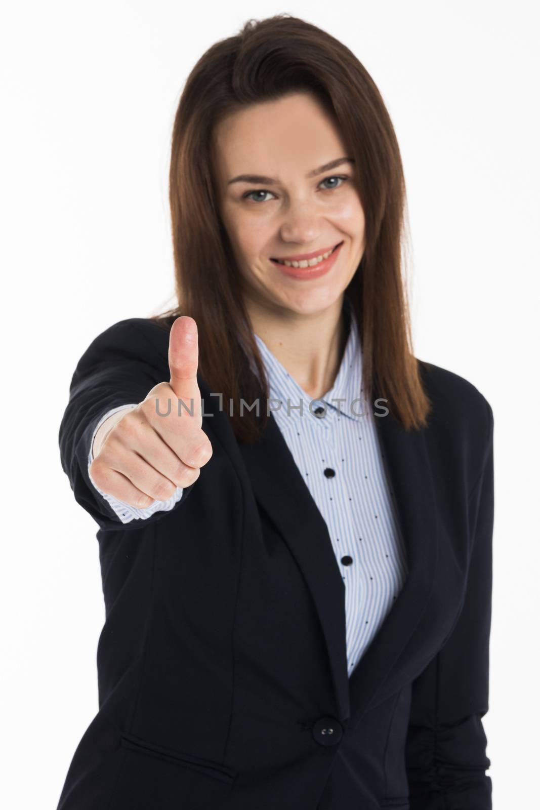 Business woman with thumbs up isolated over a white background