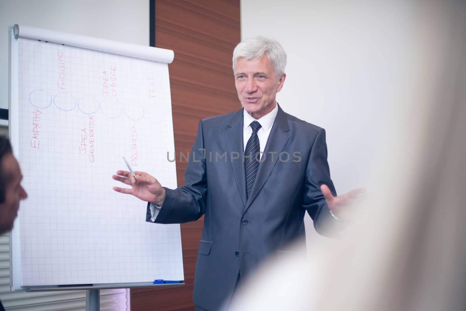 Business man speaking on seminar , whiteboard or flipchart on background
