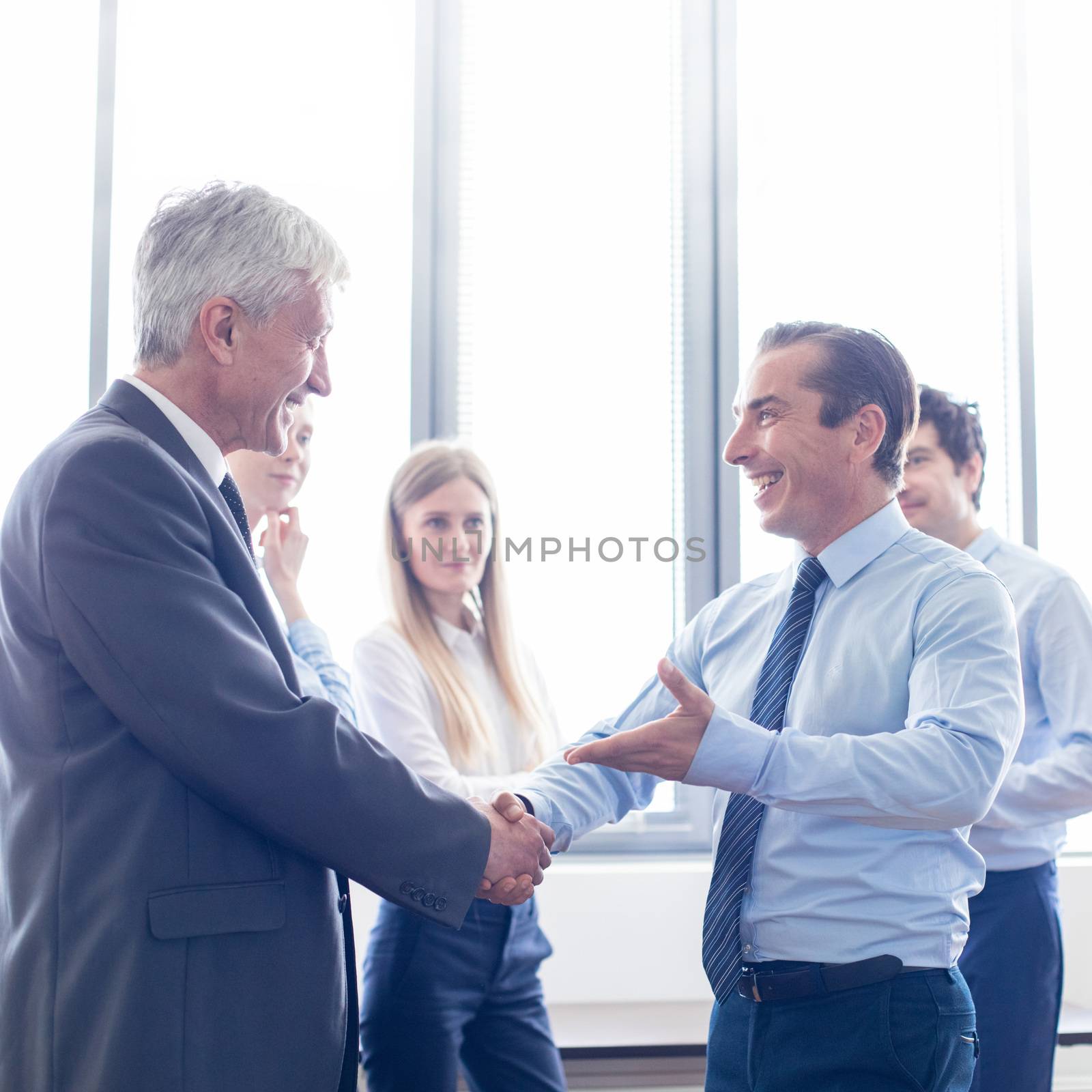 Happy smiling friendly business shaking hands in modern office