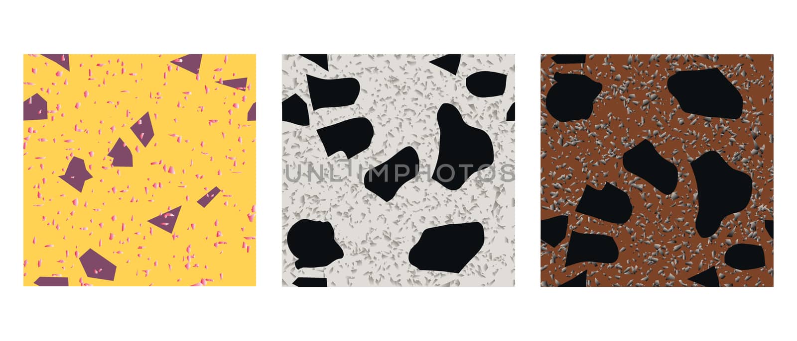 Cards with seamless pattern terrazzo trendy granite fragments creative backdrop. Chaotic stone pieces on white background. Modern marble textile, tile design vector illustration.