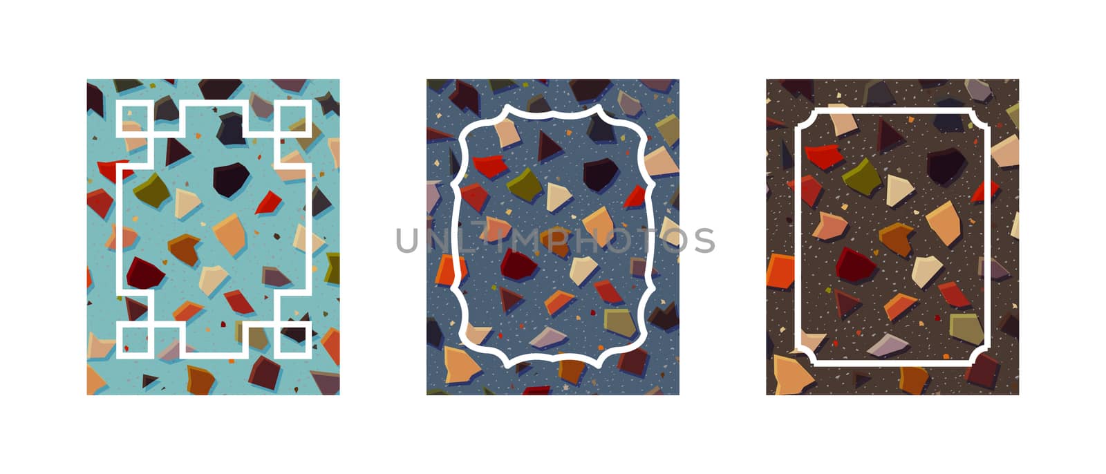 Beautiful cards with terrazzo trendy granite fragments creative backdrop pattern. Chaotic stone pieces on white background. Modern marble textile, tile design vector illustration.