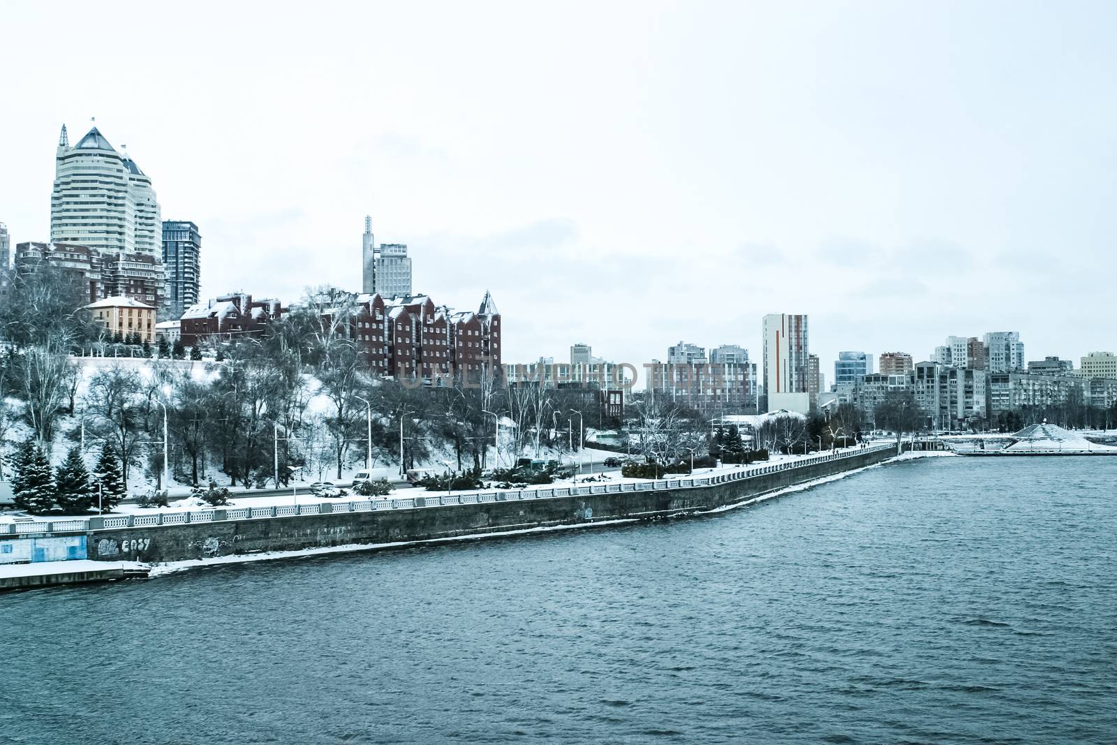 Dnipro city landscape in winter. The photo can be used for weather forecast