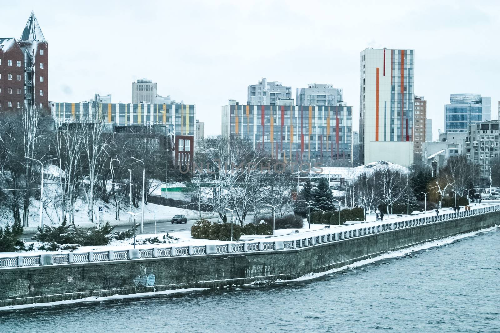 Dnipro city landscape in winter. The photo can be used for weather forecast