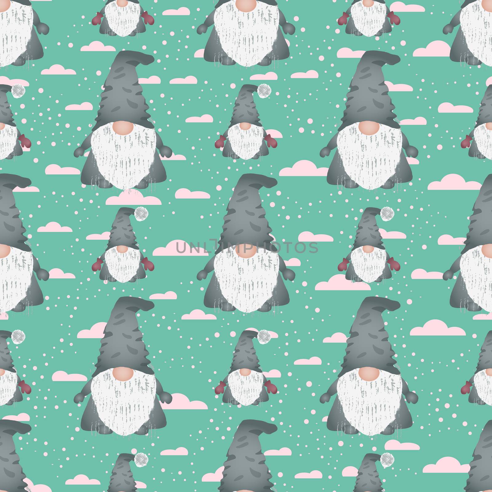 Christmas scandinavian gnomes seamless pattern on turquoise. Winter scene with snowflakes and dwarf or elf fairytale characters. Wallpaper, textile, wrapping paper design. Vector illustration.