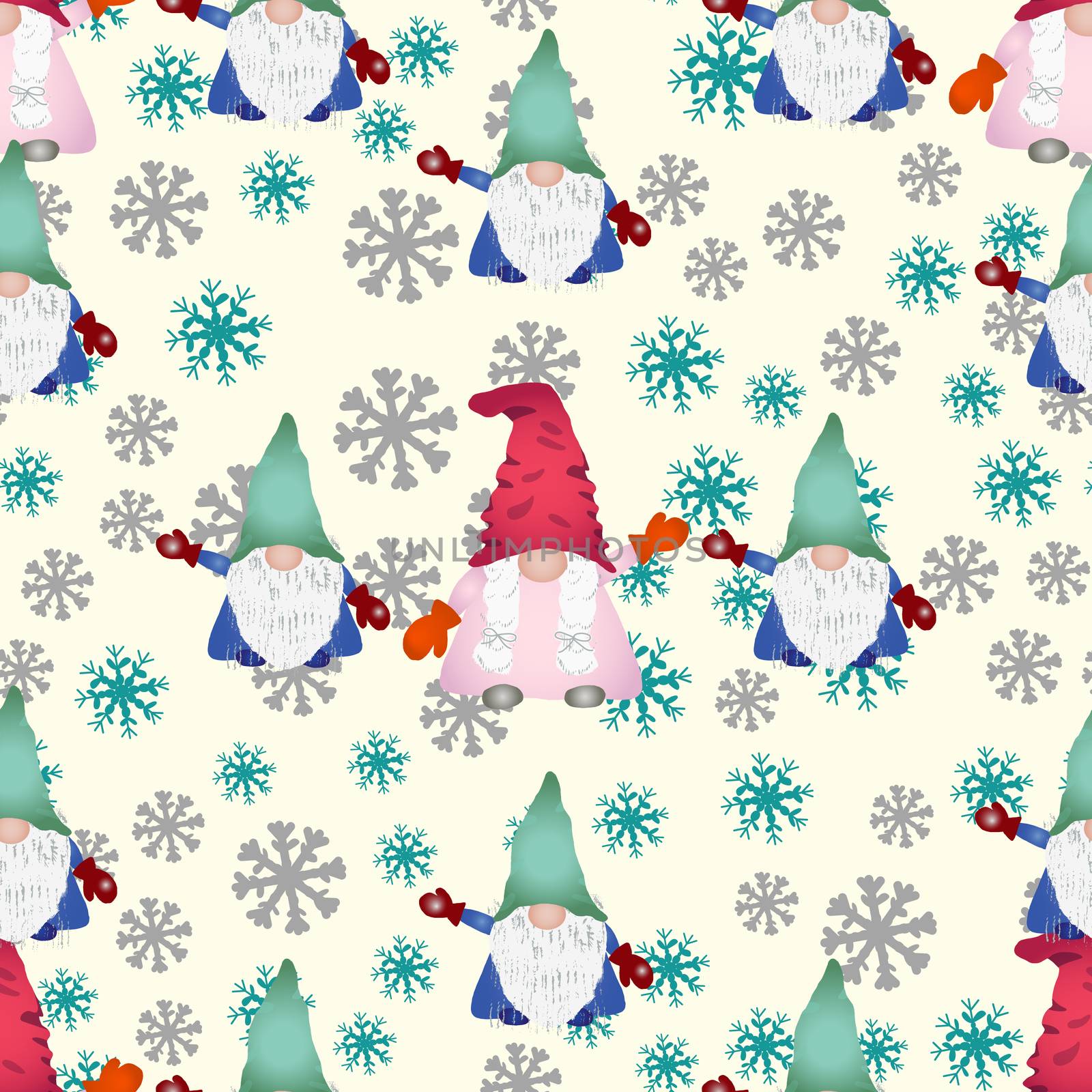 Christmas scandinavian gnomes seamless pattern on light backdrop. Winter scene with snowflakes and dwarf or elf fairytale characters. Wallpaper, textile, wrapping paper design. Vector illustration.