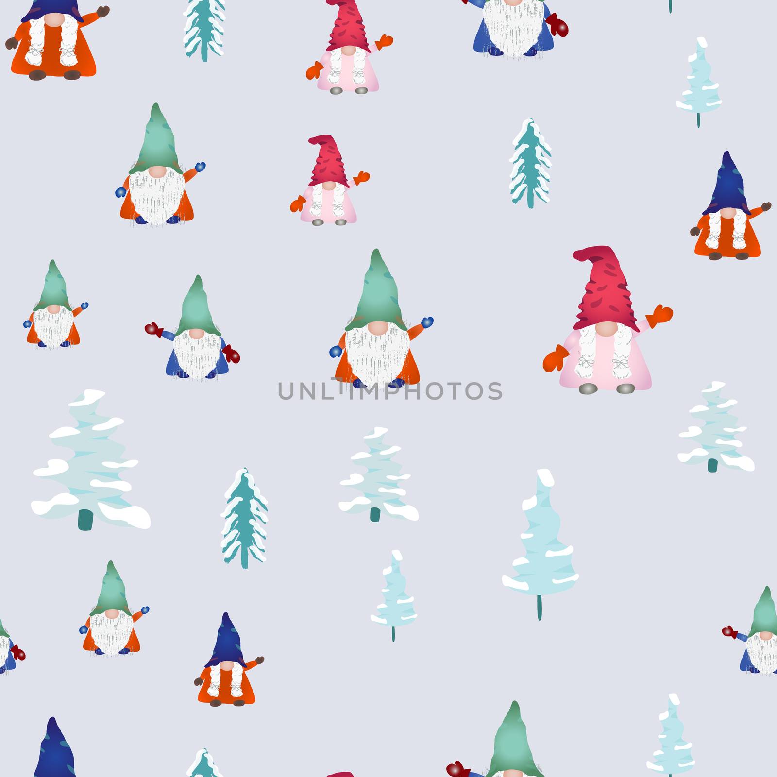 Christmas scandinavian gnomes seamless pattern on light blue. Winter landscape, pine trees and dwarf or elf fairytale characters. Wallpaper, textile, wrapping paper design. Vector illustration.
