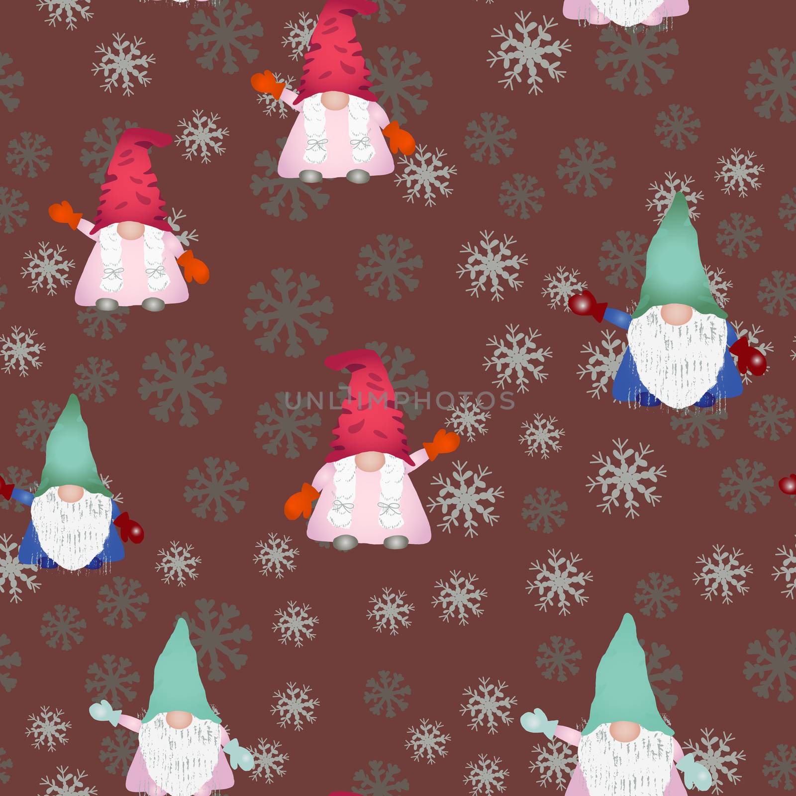 Christmas scandinavian gnomes seamless pattern on brown. Hand drawn dwarf or elf fairytale characters with snowflakes. Wallpaper, textile, wrapping paper design. Vector illustration.