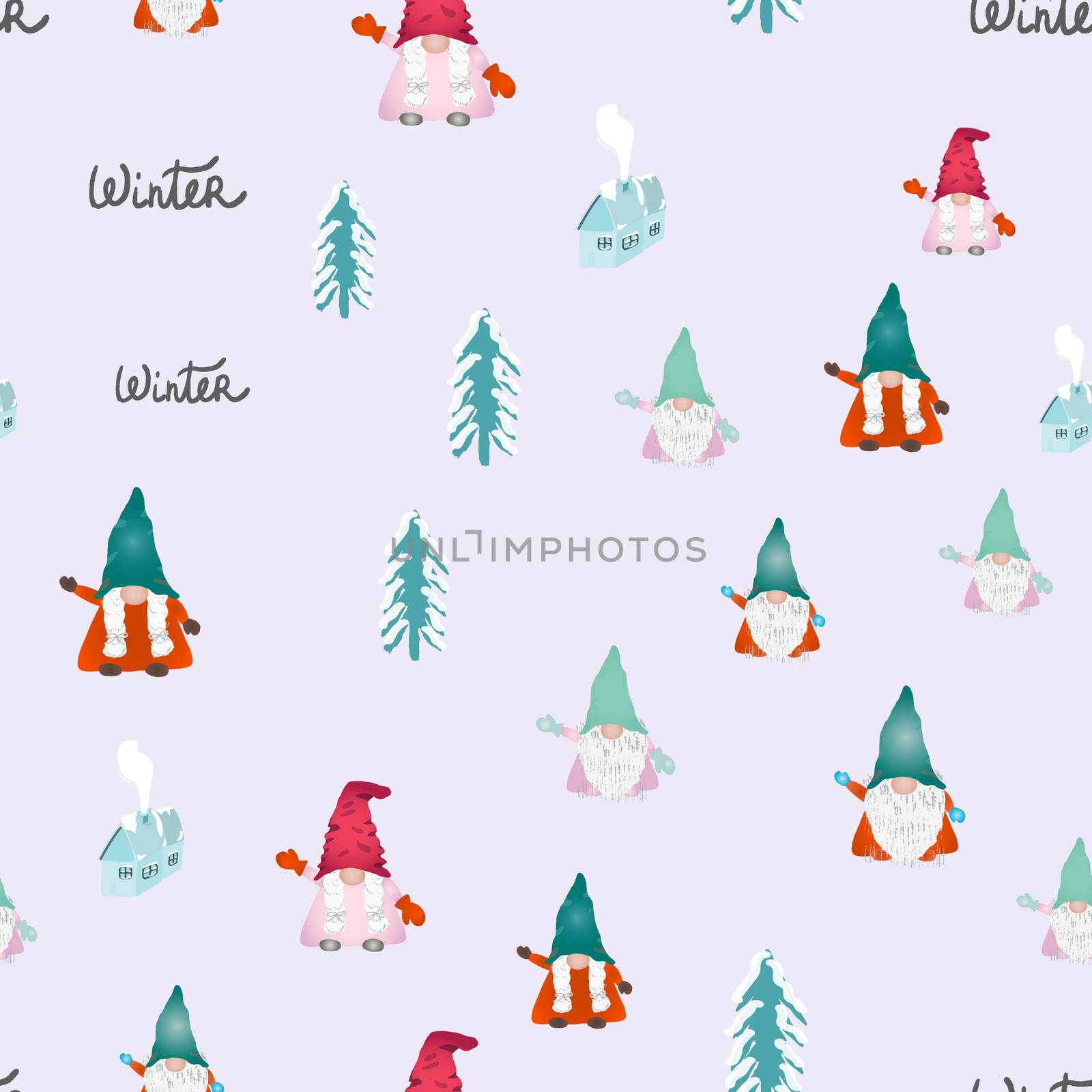 Christmas scandinavian gnomes seamless pattern on light blue. Hand drawn dwarf, winter house, hand lettering and pine tree. Wallpaper, textile, wrapping paper design. Vector illustration.