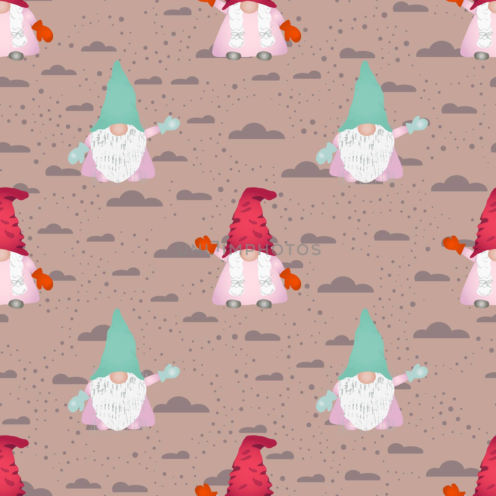 Cute scandinavian gnomes seamless design on beige. Hand drawn dwarf or elf fairytale characters. Wallpaper, textile, wrapping paper design. Vector illustration.