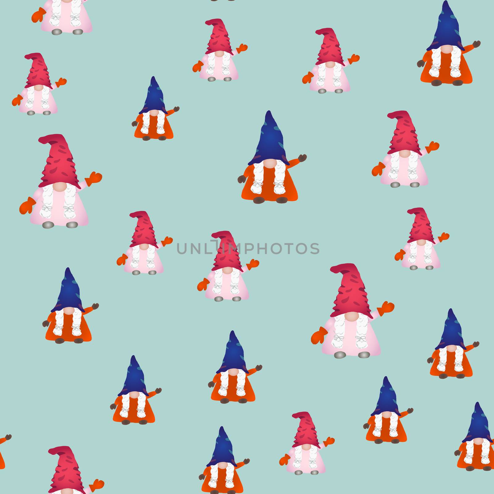 Scandinavian folklore christmas gnomes seamless pattern. Cute nordic christmas fairytale characters endless design. Vector illustration.