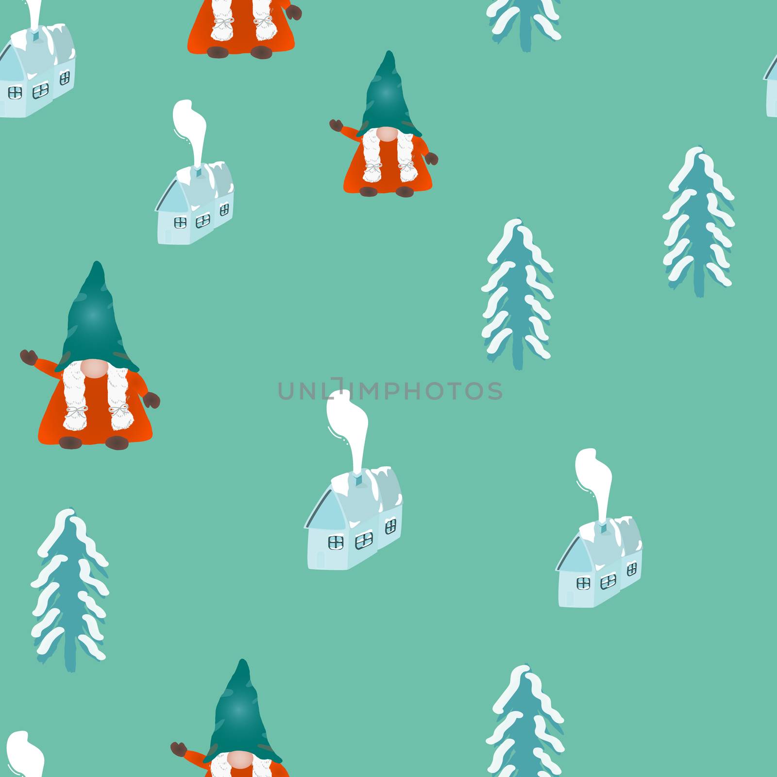 Scandinavian christmas gnomes seamless pattern. Hand drawn winter house, christmas trees. Wallpaper, textile, wrapping paper design. Vector illustration.