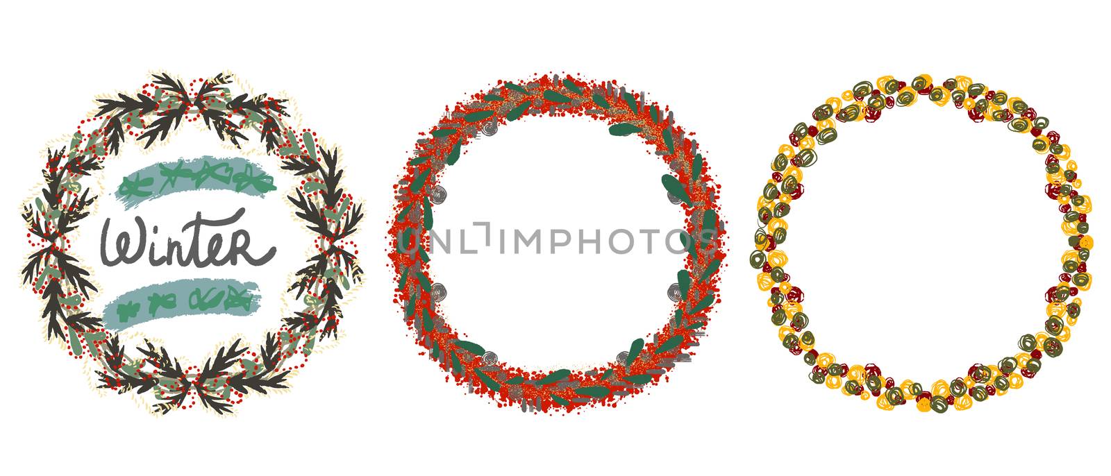 Christmas wreath collection isolated on white background. Winter hand lettering and festive design elements. Flat cartoon vector illustration.