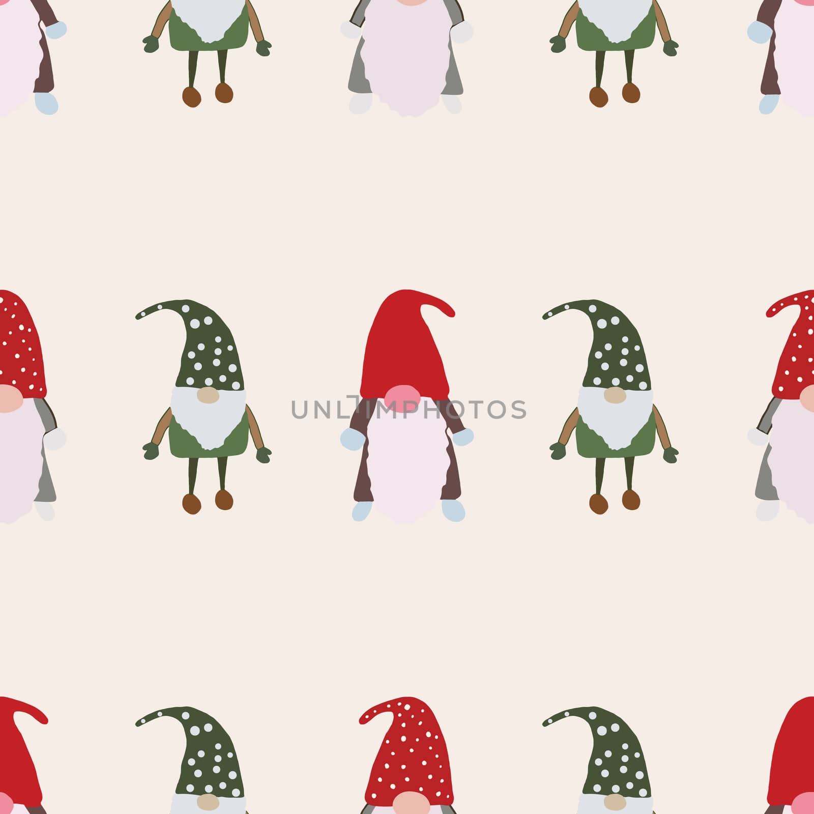 Seamless design with scandinavian gnomes. Beautiful festive design with elves decorations. For wrapping paper, textiles, fabric. Flat cartoon style vector illustration.