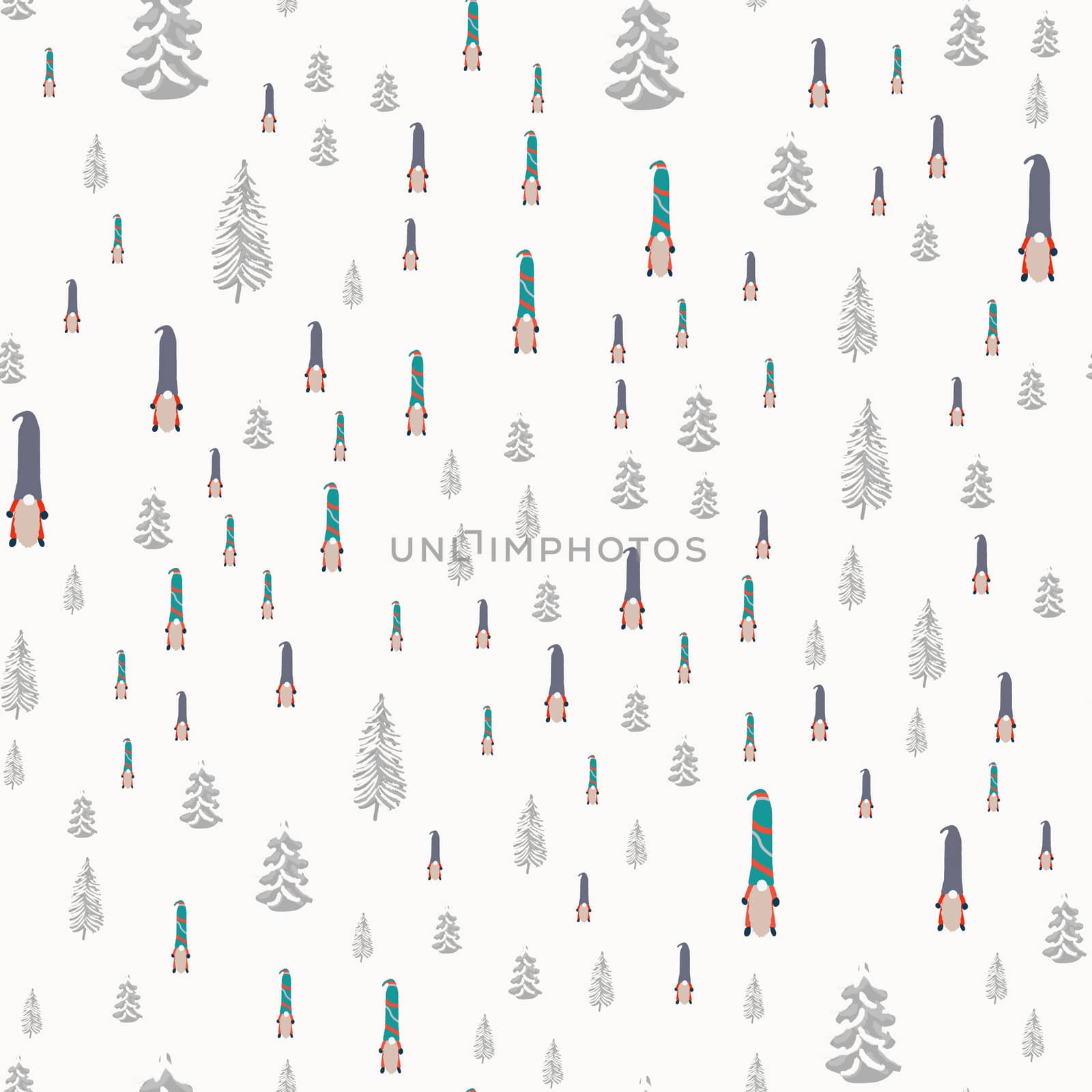 Seamless design with scandinavian gnomes and winter pine trees. Beautiful festive design with elves decorations. For wrapping paper, textiles, fabric. Flat cartoon style vector illustration.