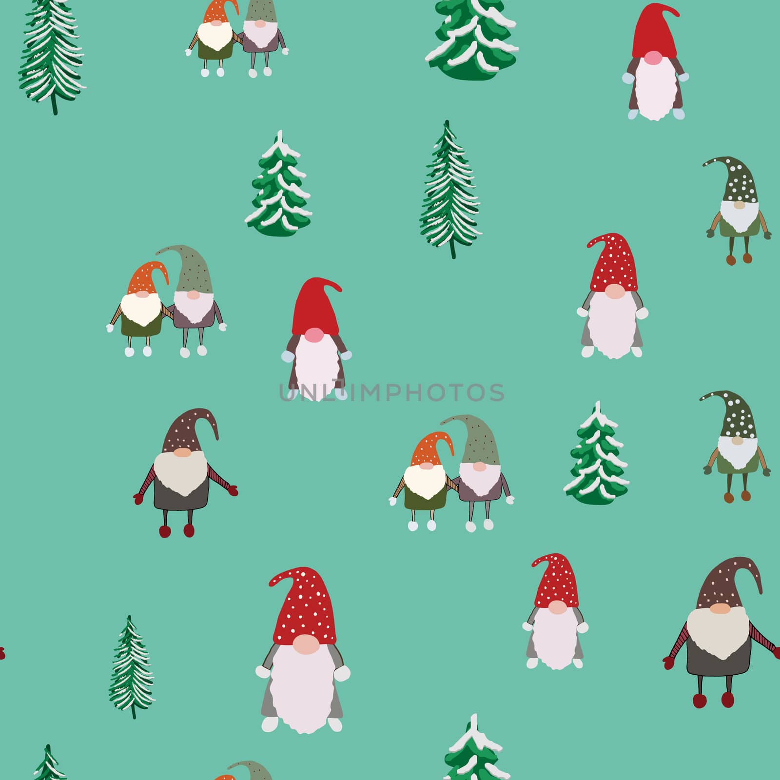 Seamless pattern with pine trees and scandinavian gnomes. Beautiful festive design with elves decorations. For wrapping paper, textiles, fabric. Flat cartoon style vector illustration.