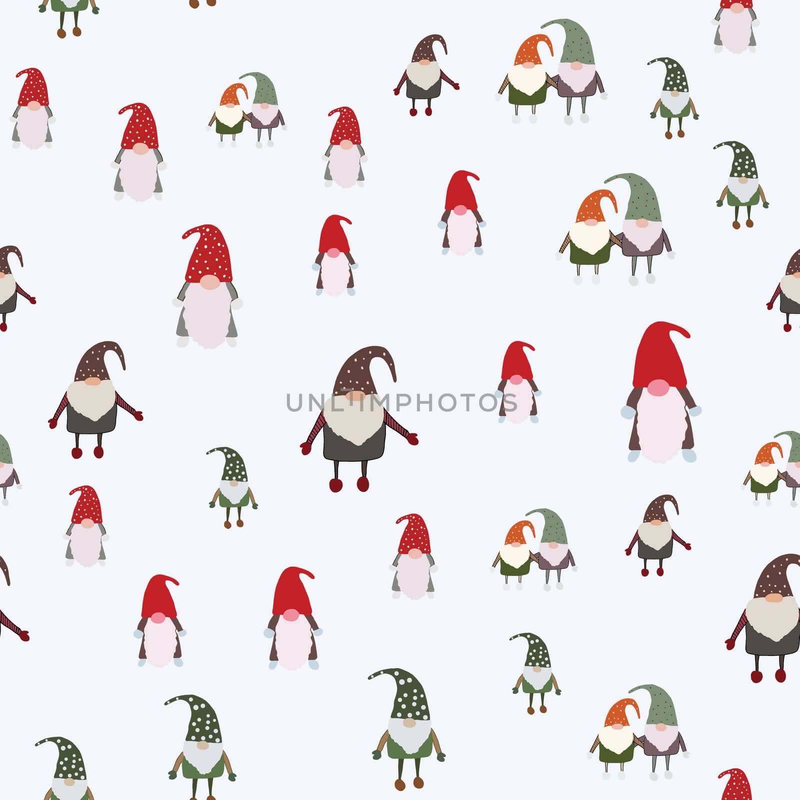 Scandinavian gnomes seamless pattern. Beautiful festive design with elves decorations. For wrapping paper, textiles, fabric. Flat cartoon style vector illustration.