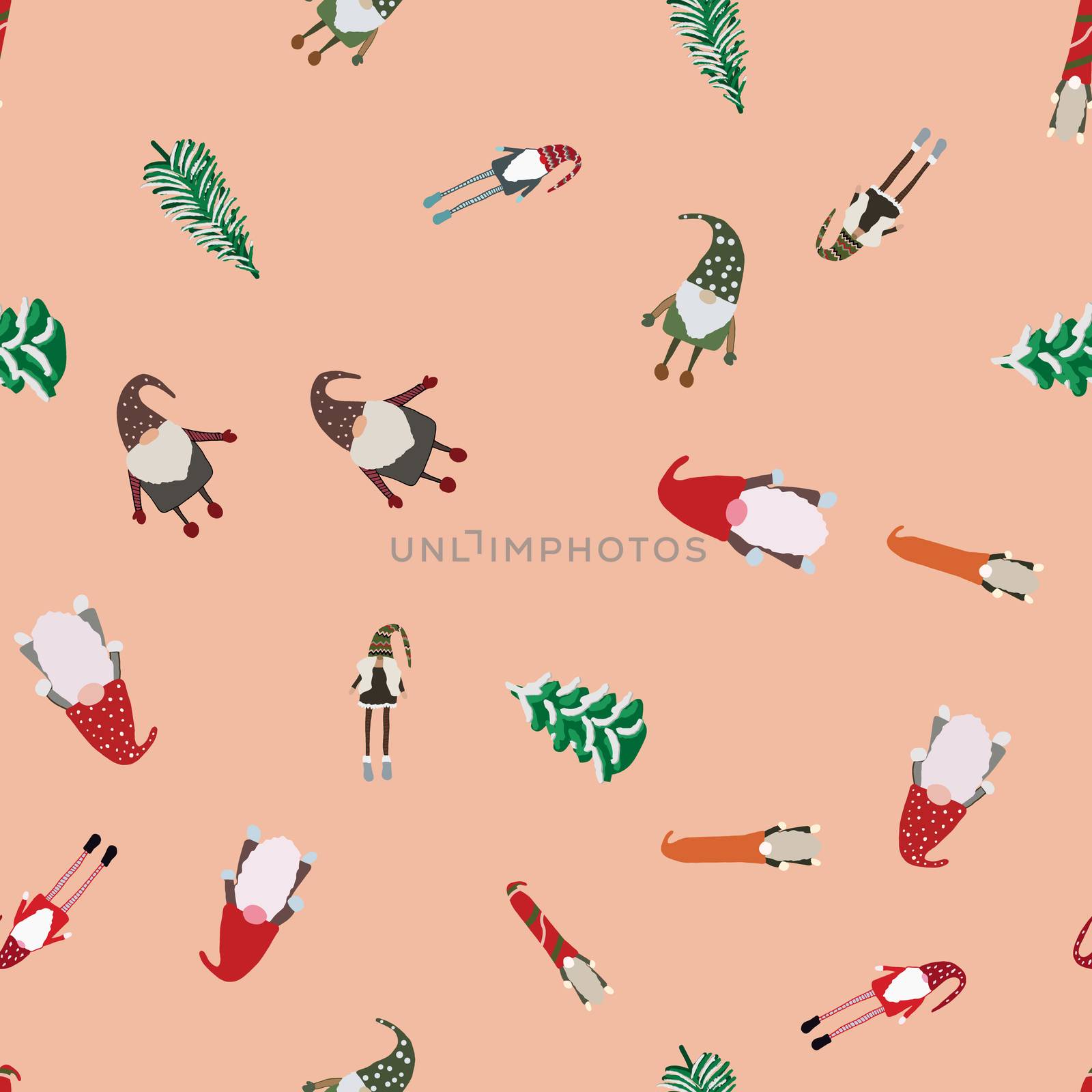 Seamless pattern with scandinavian gnomes and Christmas trees. Beautiful festive design with elves decorations. For wrapping paper, textiles, fabric. Flat cartoon style vector illustration.