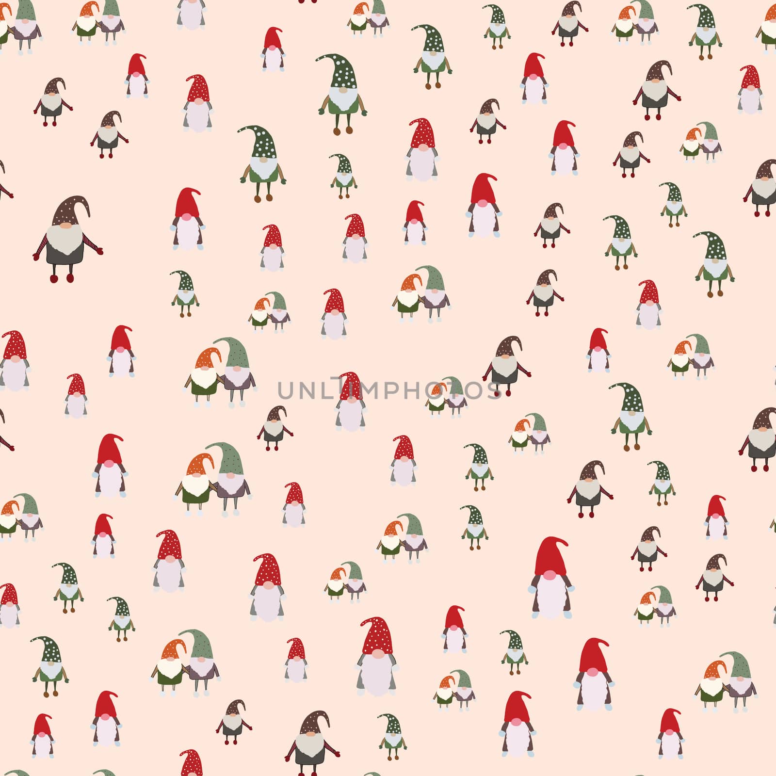 Seamless pattern with scandinavian gnomes. Beautiful festive design with elves decorations. For wrapping paper, textiles, fabric. Flat cartoon style vector illustration.