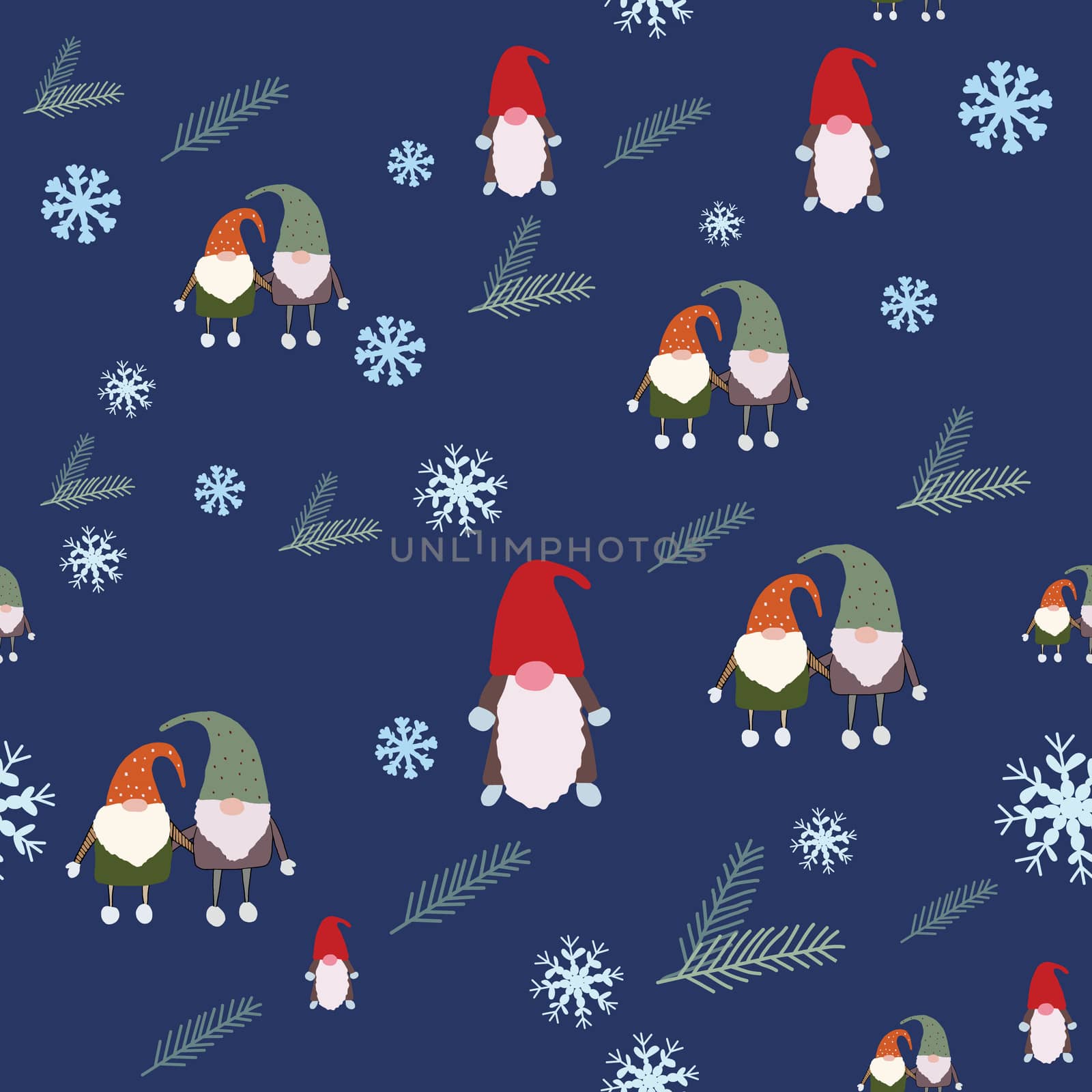 Seamless pattern with scandinavian gnomes, pine tree spruce and snowflakes. Beautiful festive design with elves decorations. For wrapping paper, textiles, fabric. Flat cartoon style vector illustration.
