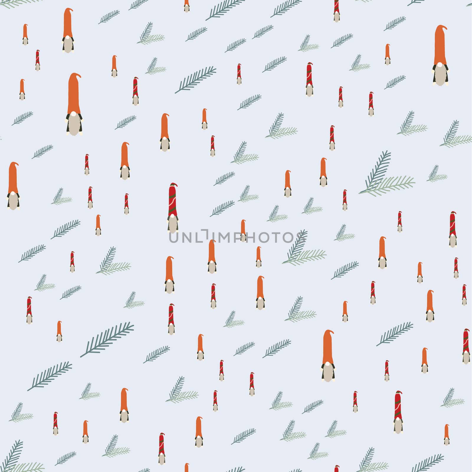 Seamless pattern with scandinavian gnomes pine tree spruce. Beautiful festive design with elves decorations. For wrapping paper, textiles, fabric. Flat cartoon style vector illustration.