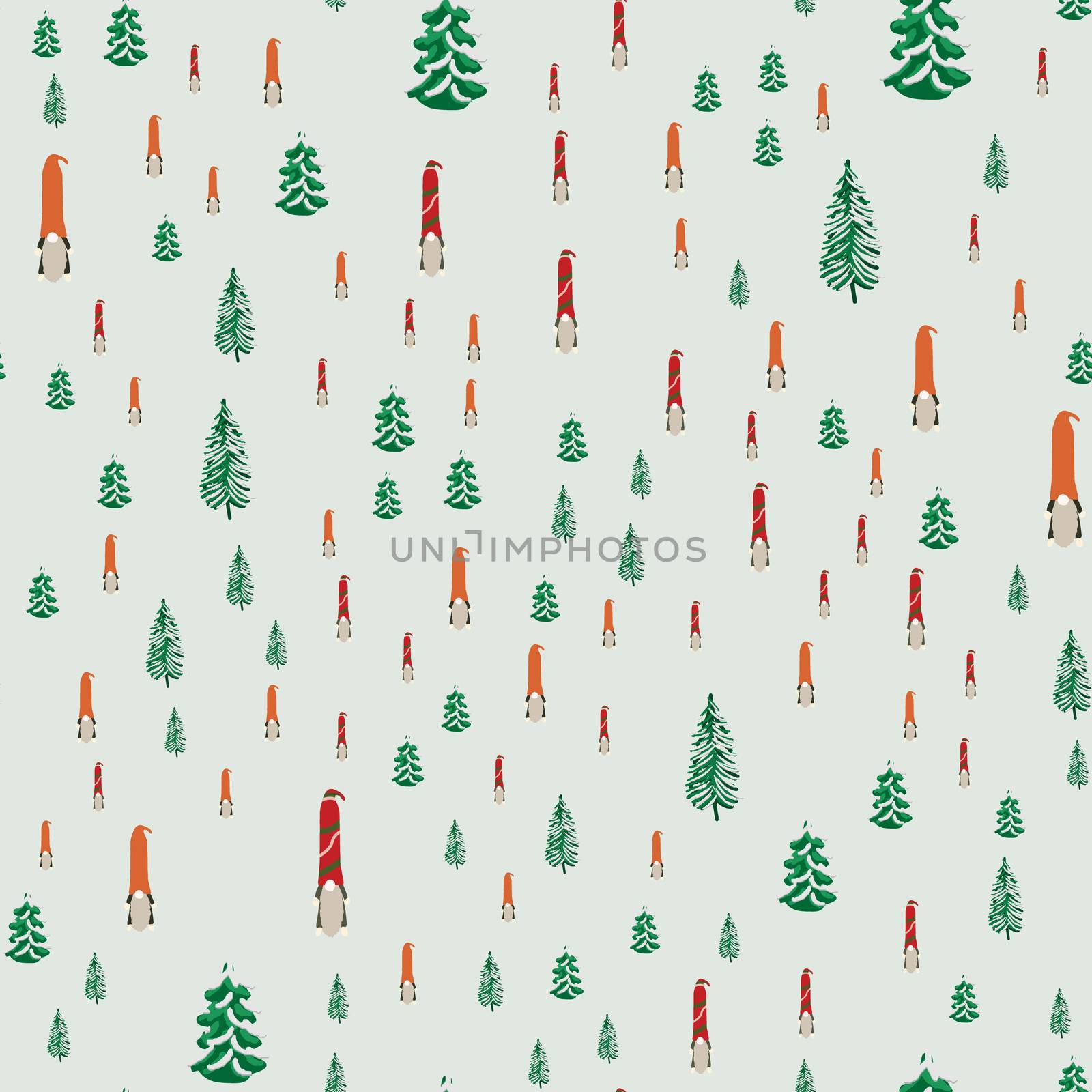 Seamless pattern with Christmas gnomes and Christmas trees. Beautiful festive design with elves decorations. For wrapping paper, textiles, fabric. Flat cartoon style vector illustration.