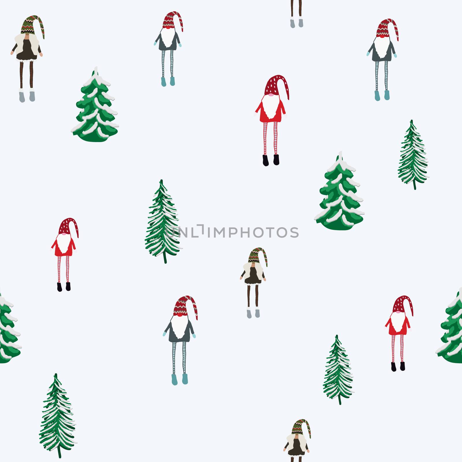 Seamless pattern with cute Christmas gnomes. Beautiful Christmas season trees and elves decorations. For wrapping paper, textiles, fabric. Flat cartoon vector illustration.