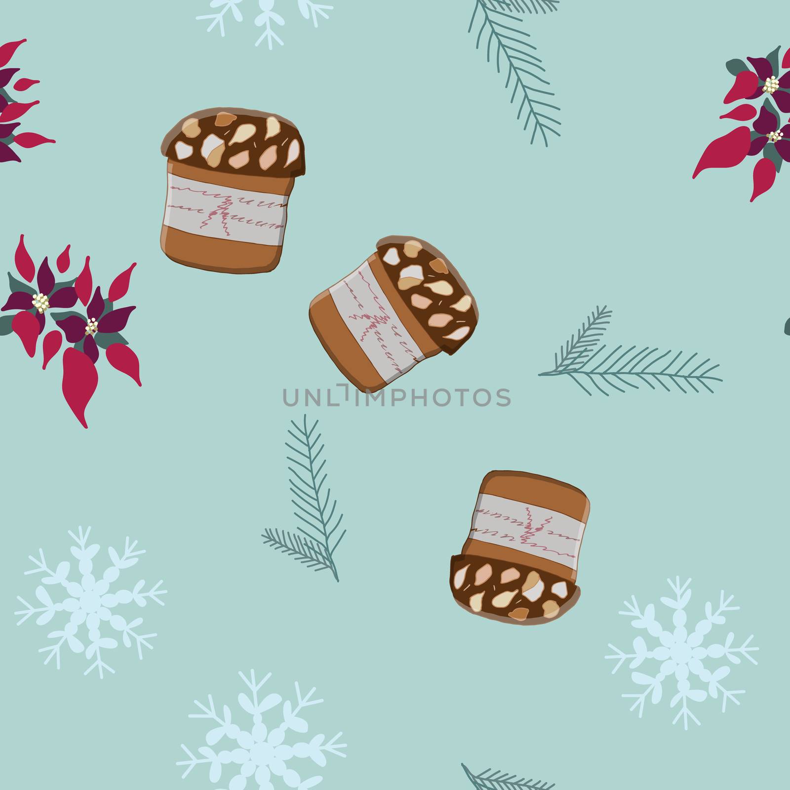 Seamless pattern with Christmas panettone pudding, poinsettia and snowflakes. Cute endless background New year and Christmas.