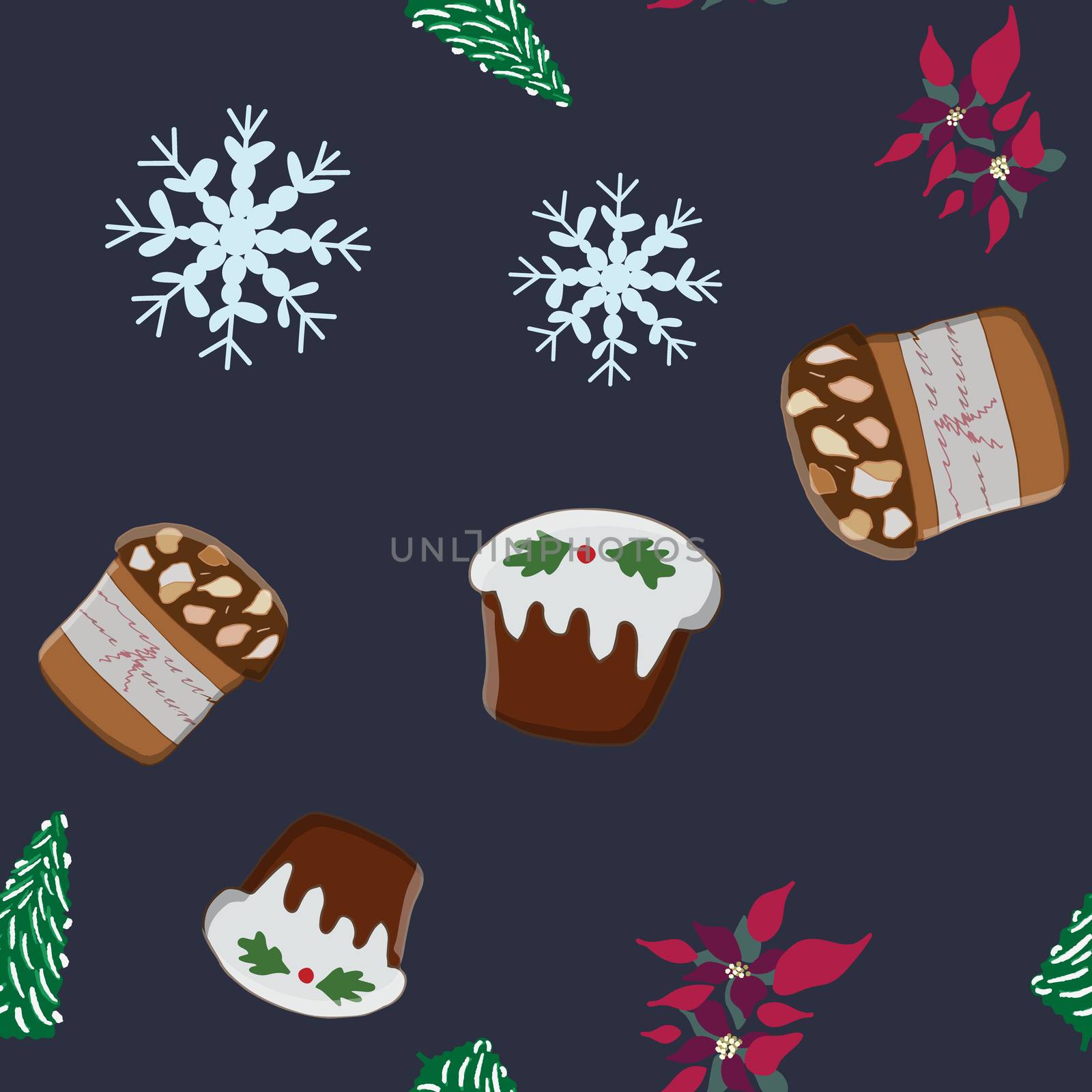 Seamless pattern with Christmas pudding, panettone, poinsettia and snowflakes. Cute endless background New year and Christmas.