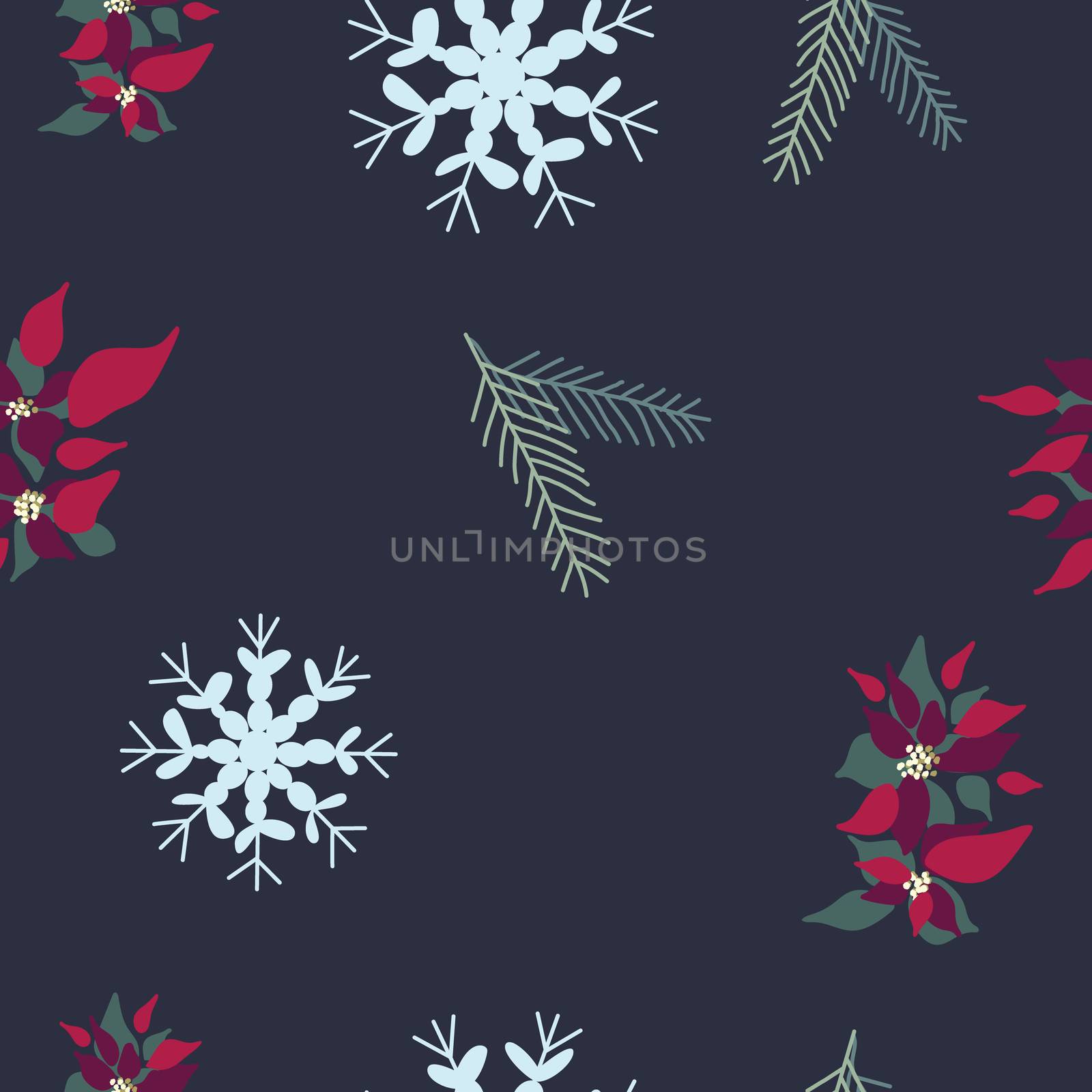 Christmas red poinsettia, snowflakes and pine tree spruce seamless pattern. Cute endless background New year and Christmas. Vector illustration.