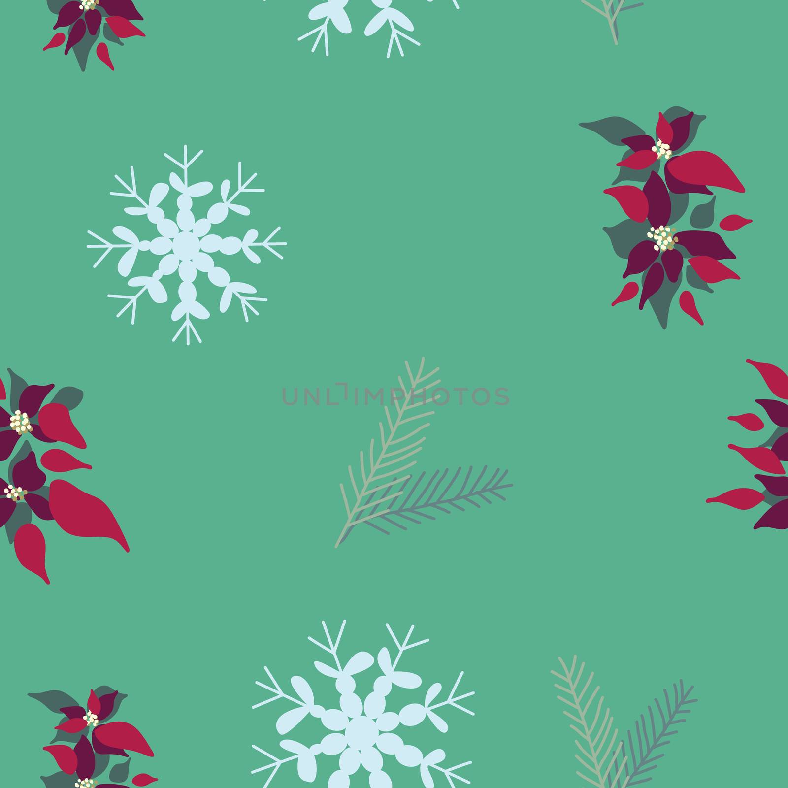 Christmas poinsettia, snowflakes and pine tree spruce seamless pattern. Cute endless background New year and Christmas. Vector illustration.